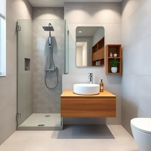 Remodeled Harvard Heights CA bathroom with modern fixtures, white sink, floating vanity, neutral tiles, glass shower, and greenery.
