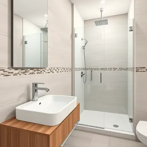 Remodeled small bathroom in Mid Wilshire CA with modern fixtures, minimalist design, walk-in shower, neutral tiles, and natural light