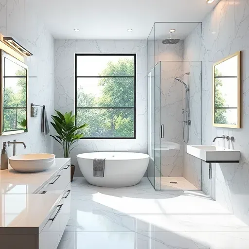 Modern bathroom remodel in Gardena CA featuring marble countertops, frameless shower, and soaking tub with natural light.