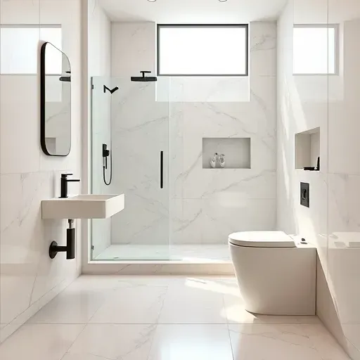 Completed modern bathroom in Harvard Heights CA with sleek fixtures, marble tiles, black accents, and natural lighting