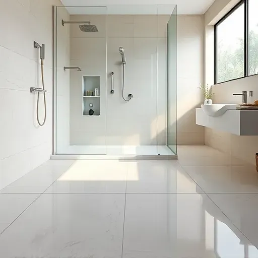 Professionally applied bathroom waterproofing with seamless membrane on shower floor and walls in a modern neutral-toned bathroom