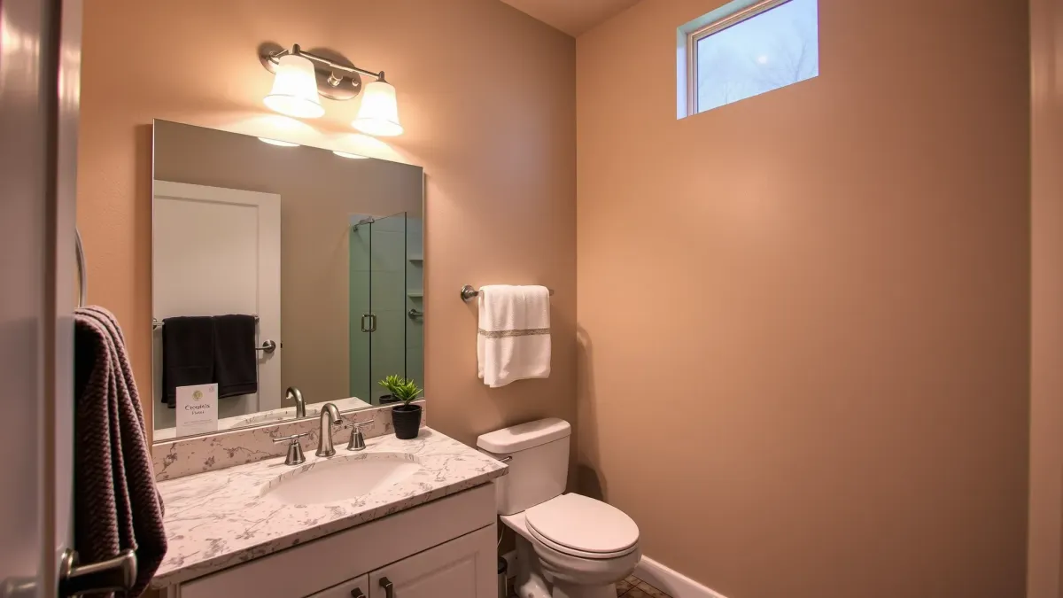 Renovated small bathroom in Lawndale, CA with walk-in glass shower, granite vanity, modern fixtures, and natural light.