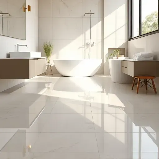 Finished bathroom with glossy ceramic tile flooring, modern fixtures, neutral walls, natural light, and decorative accents in Los Angeles