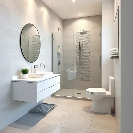 Modern small bathroom in Torrance with sleek fixtures, white vanity, neutral tiles, glass shower, and natural light