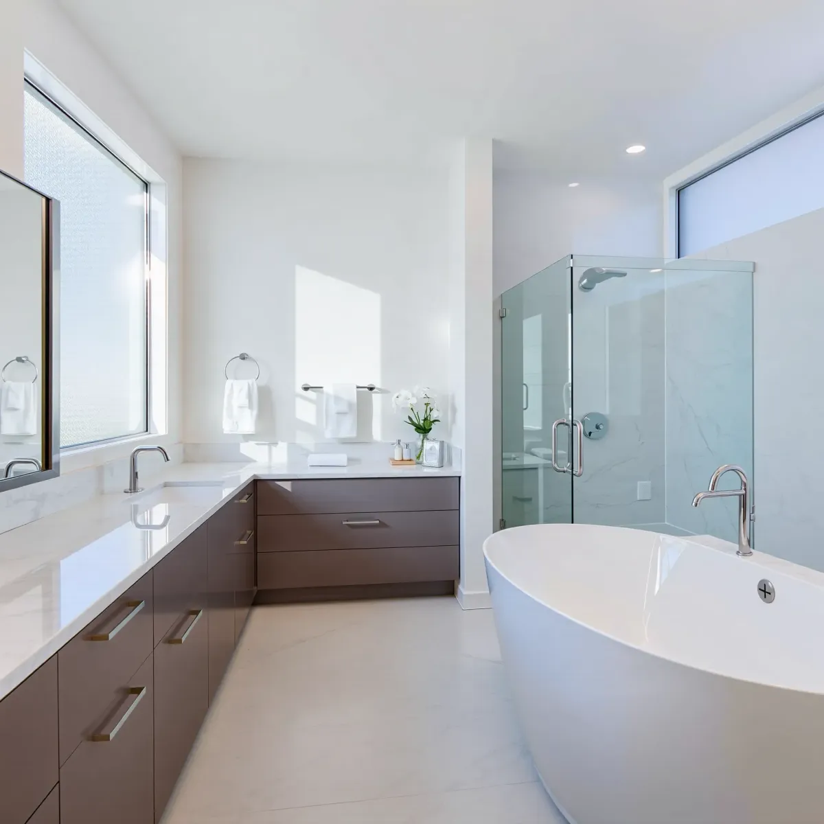 Renovated El Segundo bathroom with modern fixtures, marble counters, glass shower, soaking tub, and minimalist design.