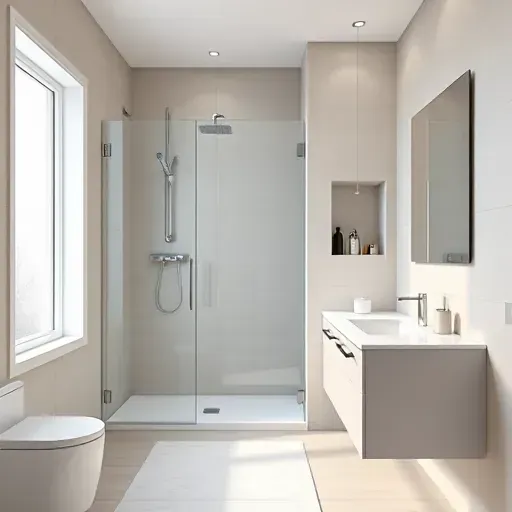 Finished modern small bathroom in Westchester CA with glass shower, marble vanity, neutral tiles, and natural light