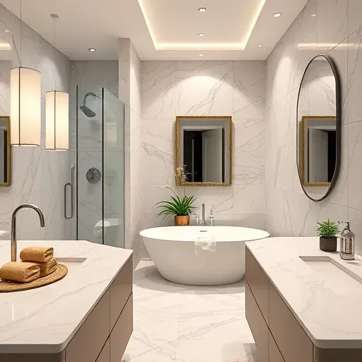 Modern bathroom remodel in Crenshaw CA featuring marble countertops, walk-in shower, freestanding tub, and ambient lighting.