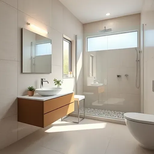 Remodeled small bathroom in El Segundo California with modern floating vanity, quartz countertop, large mirror, walk-in shower, and neutral tiles