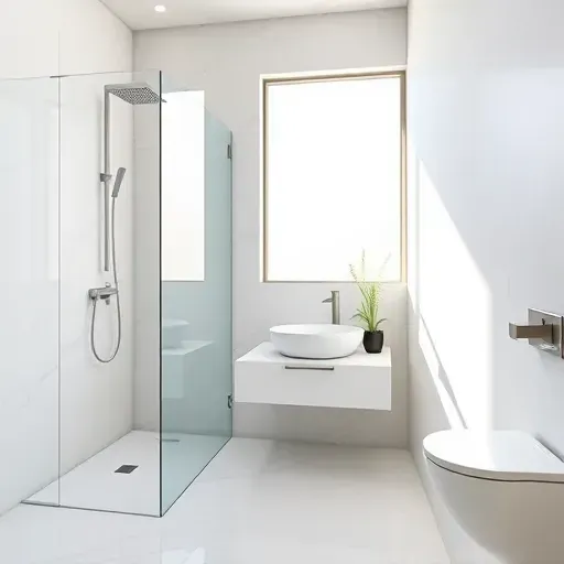 Recently renovated small bathroom in Los Angeles with modern design, marble tiles, frameless shower, and floating vanity.