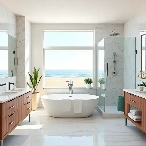 Spacious bathroom remodel in Manhattan Beach with modern fixtures, polished marble, and serene coastal decor.