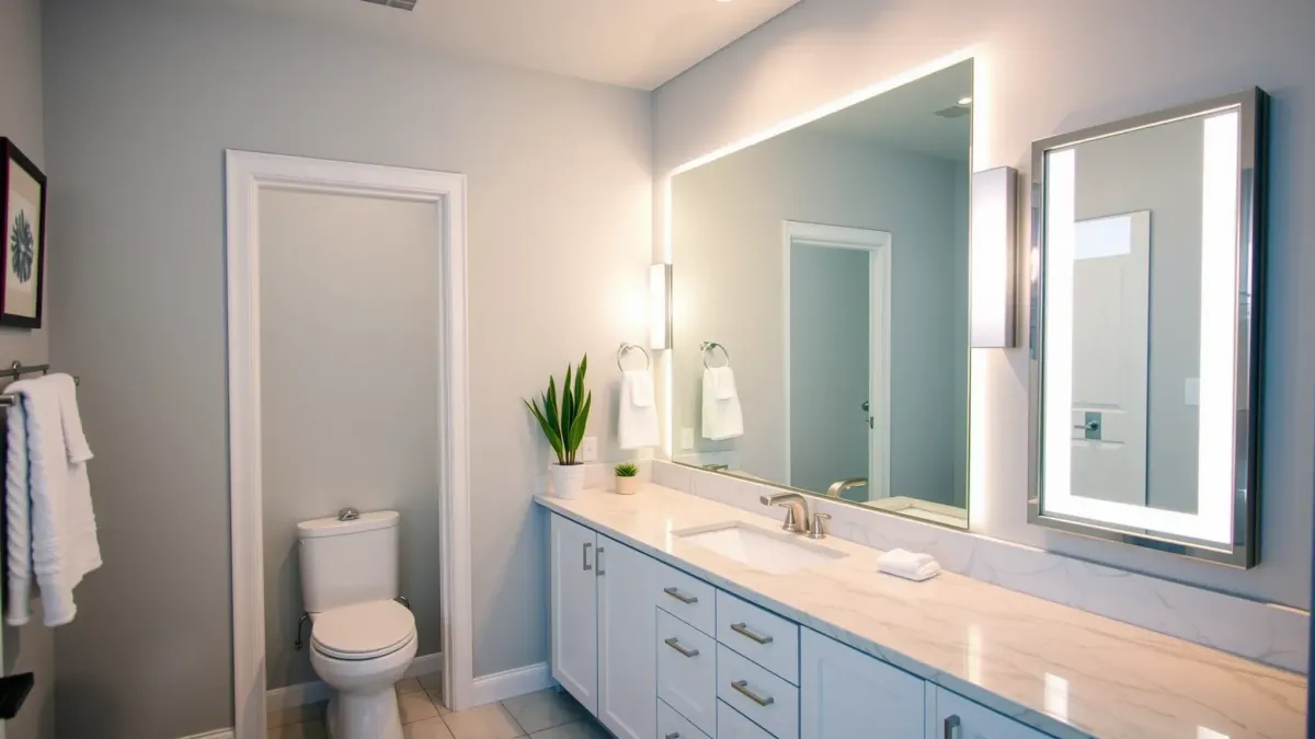 Remodeled Carson, CA bathroom with walk-in glass shower, marble vanity, modern fixtures, neutral tiles, and stylish finishes.