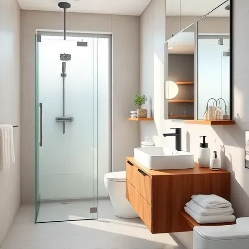 Renovated small bathroom in Los Angeles with modern fixtures, glass shower, and elegant wooden vanity in neutral tones.