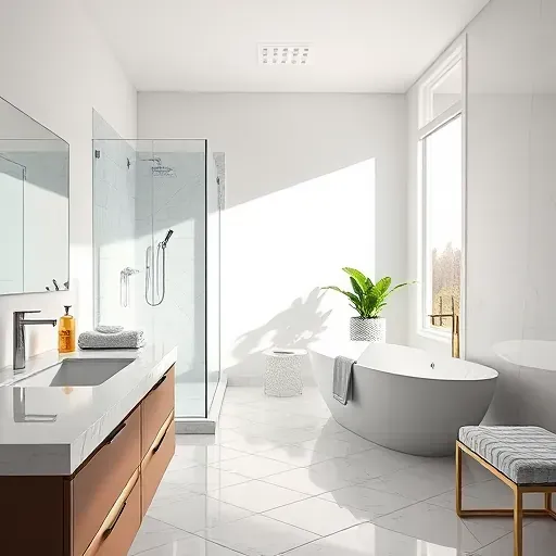 Luxurious bathroom remodel in Playa del Rey with marble countertops, freestanding tub, and spacious walk-in shower.