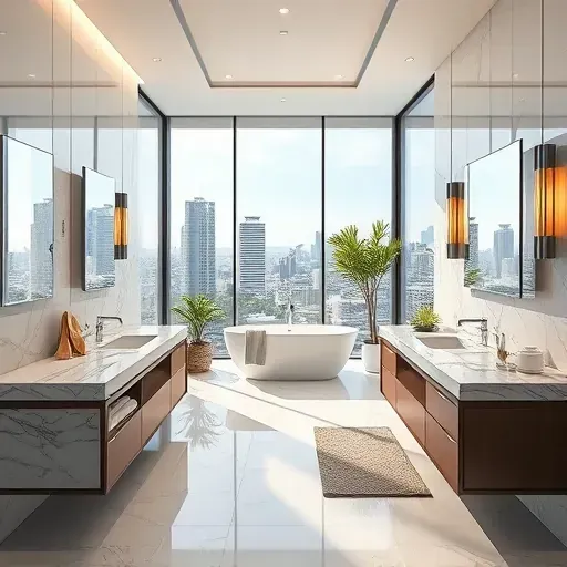 Modern luxurious bathroom with freestanding tub marble vanity city view large windows greenery and sleek finishes