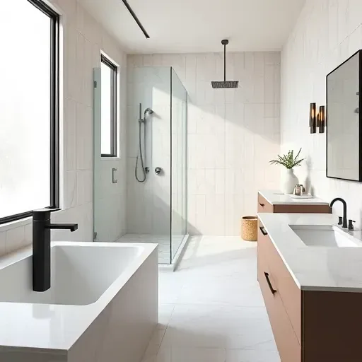 Renovated Los Angeles bathroom with matte black fixtures, glass shower, freestanding tub, marble counters, and natural light