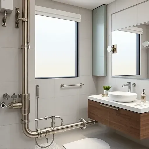 Completed Los Angeles bathroom plumbing with stainless steel pipes, modern fixtures, neutral tiles, and sleek interior design