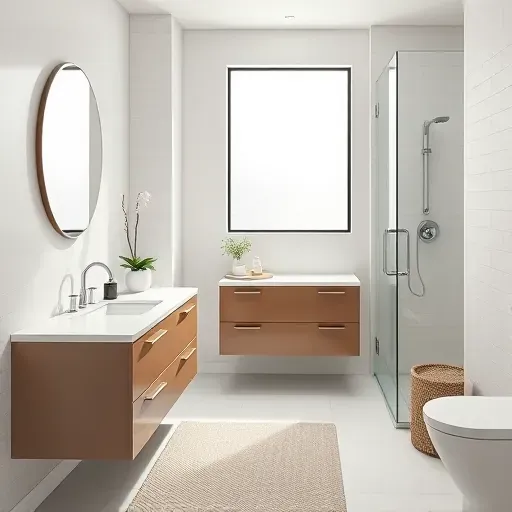 Modern small bathroom in Westchester CA with sleek fixtures, floating vanity, glass shower, neutral tile, natural light