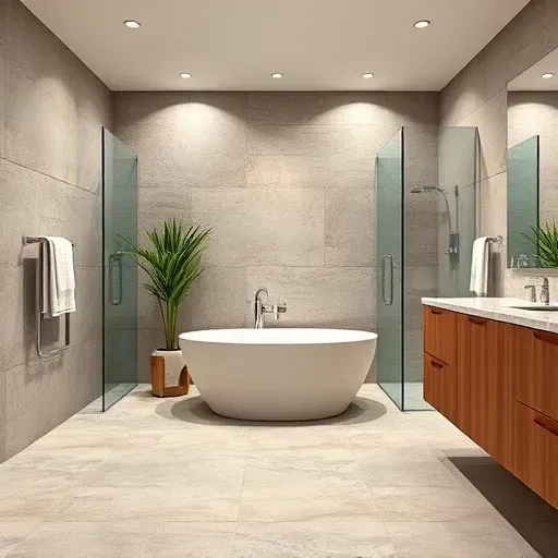Spacious modern bathroom in South Los Angeles featuring elegant fixtures, freestanding tub, and chic glass shower.