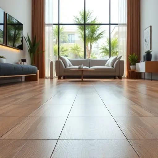 Modern Los Angeles living room with seamless heated flooring under sleek wood or tile surfaces, showcases warmth and elegance