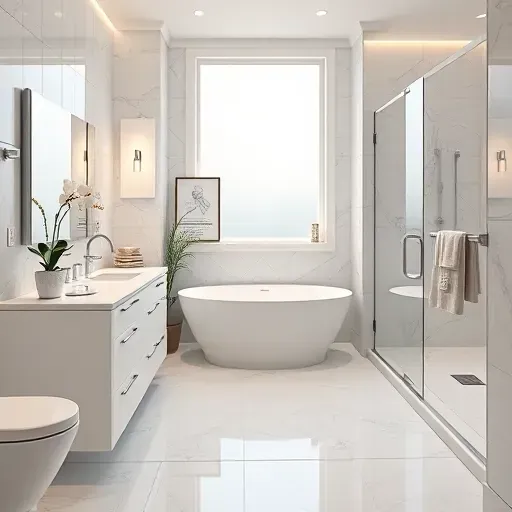 Luxury bathroom remodel in Beverly Hills featuring modern fixtures, marble tiles, and a freestanding soaking tub.