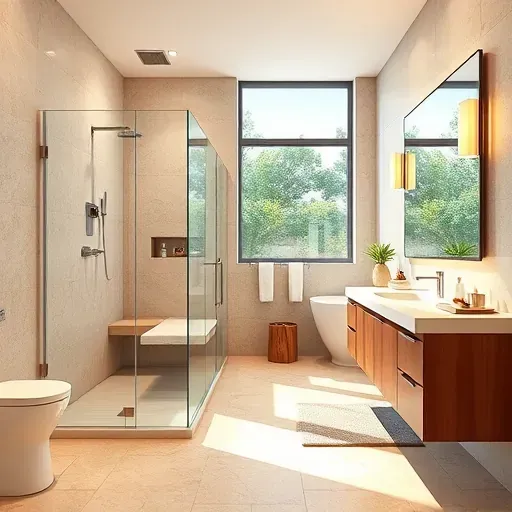 A completed aging-in-place bathroom in Los Angeles with walk-in shower, grab bars, modern fixtures, natural stone tiles, quartz countertop, and ample natural light