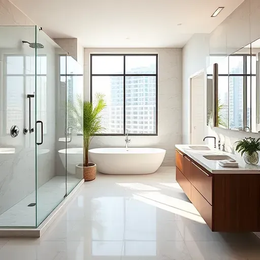 Stylish remodeled bathroom in Century City featuring porcelain tiles, walk-in shower, freestanding tub, and sleek fixtures.