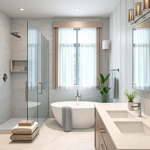 Bathroom remodel in Mid Wilshire CA features modern design, walk-in shower, freestanding tub, and elegant fixtures.