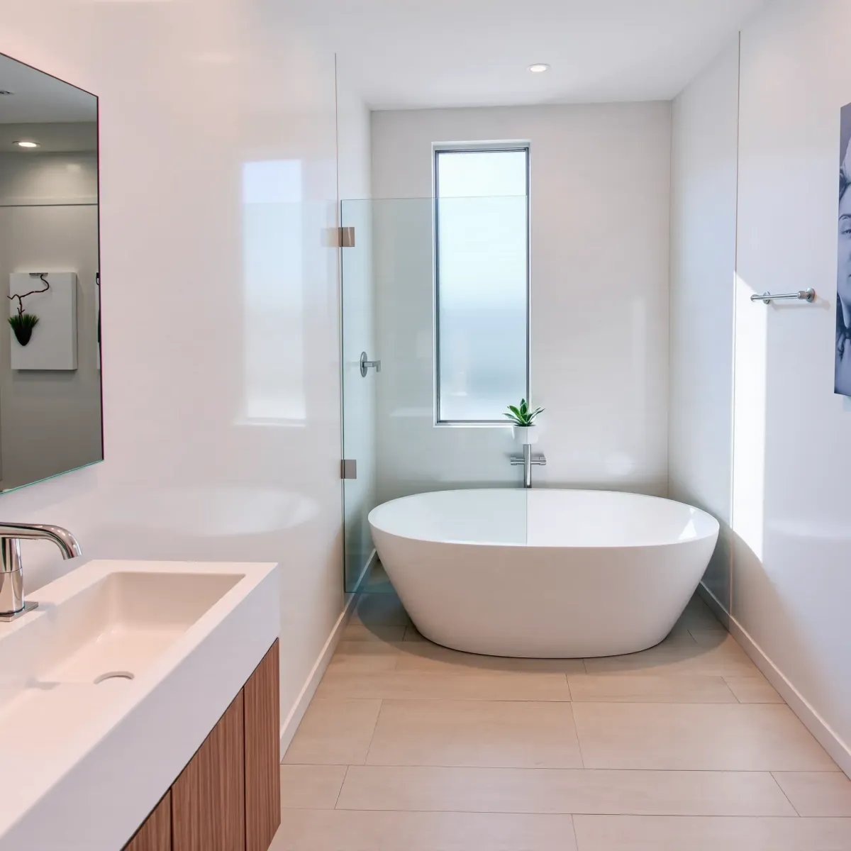Remodeled West LA bathroom with modern fixtures, marble walls, glass shower, bathtub, wooden vanity, and natural light.