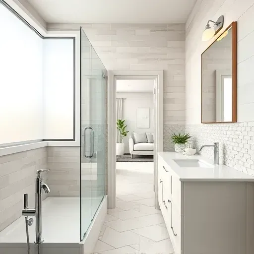 Remodeled small bathroom in Compton CA with white ceramic sink chrome faucet glass shower neutral tiles marble floor modern vanity and soft lighting