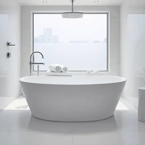 Modern bathroom with white marble tiles, sleek freestanding bathtub, chrome fixtures, rainfall shower, plush towels, large frosted windows showing LA architecture