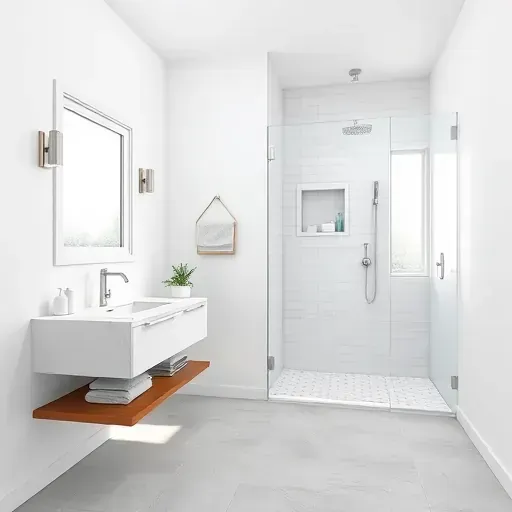 Recently remodeled modern small bathroom in Redondo Beach with white walls, gray subway tiles, floating vanity, glass shower
