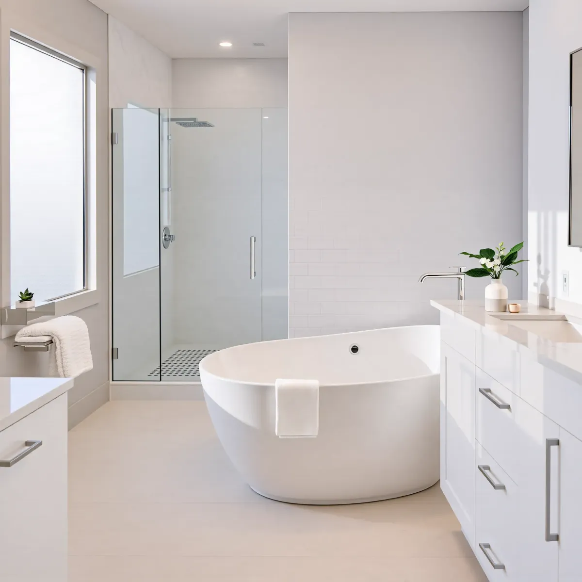 Modern Los Angeles bathroom with marble counters, glass shower, soaking tub, and sleek vanity after remodeling.