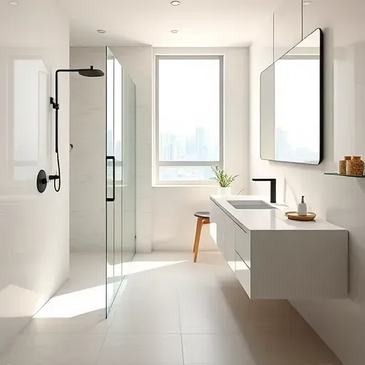 Modern renovated small bathroom in Los Angeles with sleek fixtures, glass shower, floating vanity, natural light, and city views