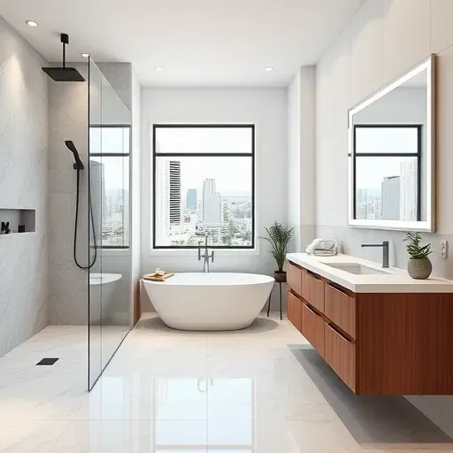 Bathroom remodeling showcase in Los Angeles featuring modern fixtures and stylish tile work with no people present