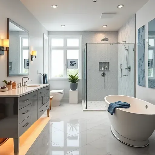 Spacious modern bathroom remodeling in Lomita, CA, featuring marble countertops, freestanding tub, and elegant tile work.