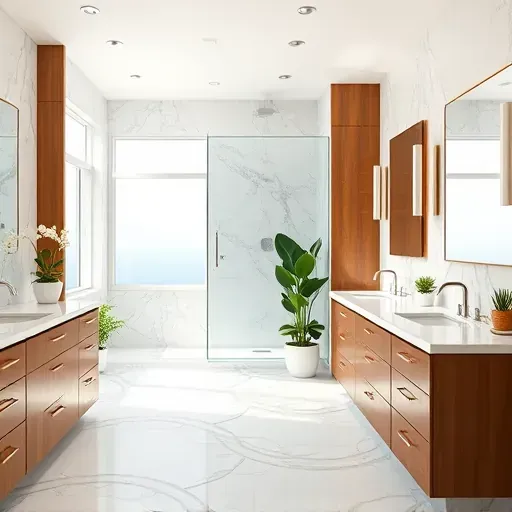 Completed bathroom remodel in Hermosa Beach featuring marble countertops, walk-in shower, and rich wood cabinetry.