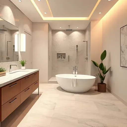 Bathroom remodeling in Leimert Park CA with modern fixtures, marble countertop, freestanding tub, and stylish cabinetry.