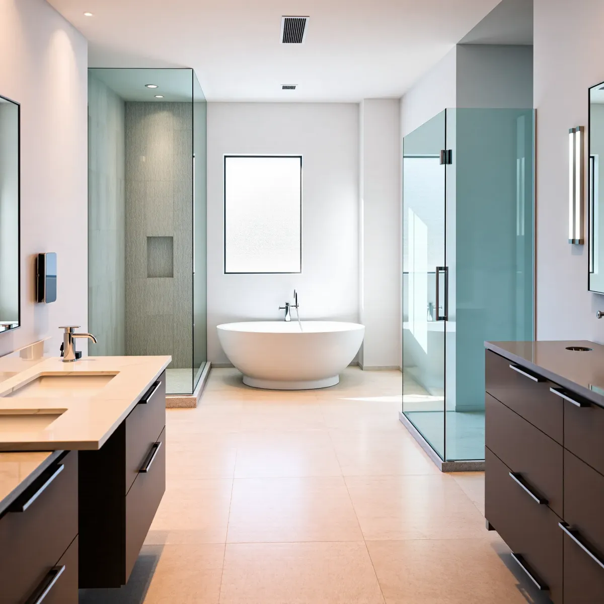 Modern bathroom in Hawthorne, CA with marble counters, walk-in shower, floating vanity, and natural light.