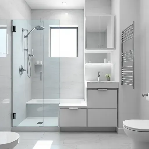Completed modern bathroom in Lomita CA with glass shower, ceramic sink, minimalist vanity, gray stone walls, and natural light