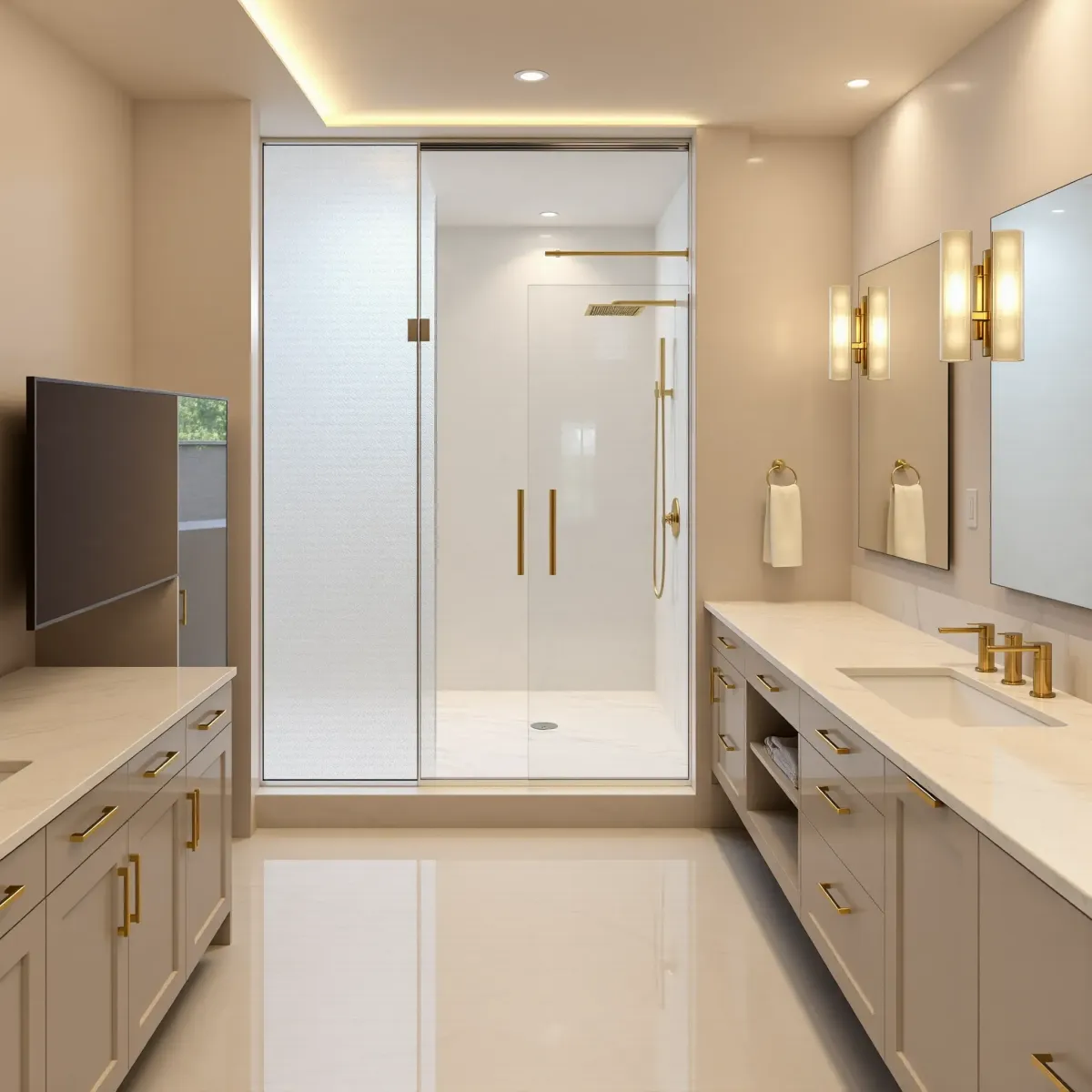 Beverly Hills bathroom remodel with walk-in shower, marble floors, vessel sink, black fixtures, and elegant neutral tones.