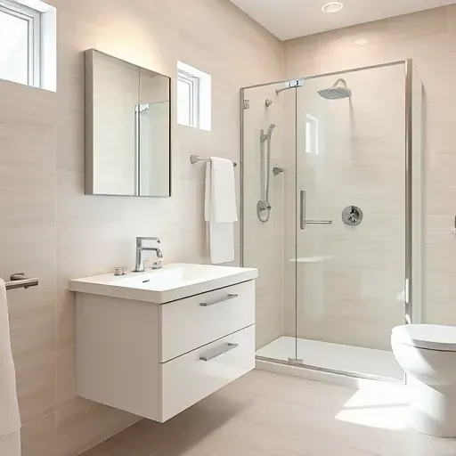 Renovated small bathroom in Rancho Park CA with modern fixtures, tiled walls, glass shower, and natural lighting