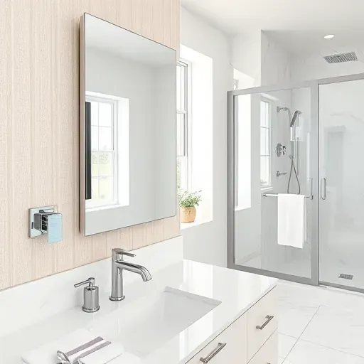 Modern Los Angeles bathroom with sleek frameless mirror, chrome fixtures, neutral walls, marble tiles, and minimalist decor