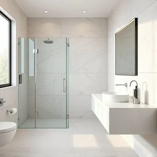 Renovated small bathroom in Rancho Park California with modern fixtures, walk-in shower, marble tiles, floating vanity, and natural light