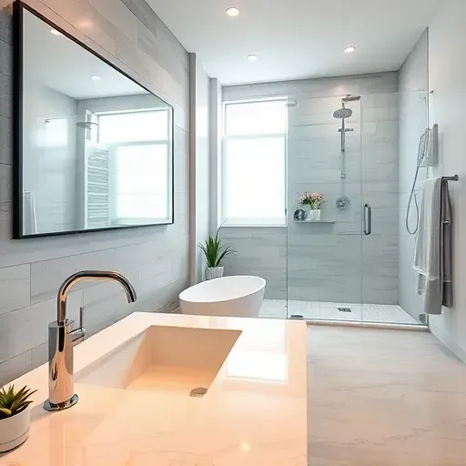 Newly remodeled bathroom in Compton CA features modern fixtures, freestanding tub, walk-in shower, and stylish decor.