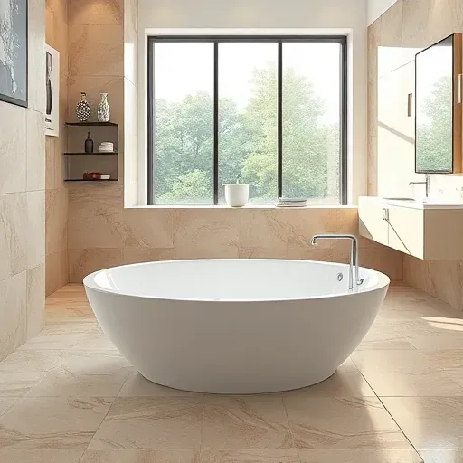 Luxurious bathroom with intricate neutral tile work, modern fixtures, natural light, and a spacious upscale setting