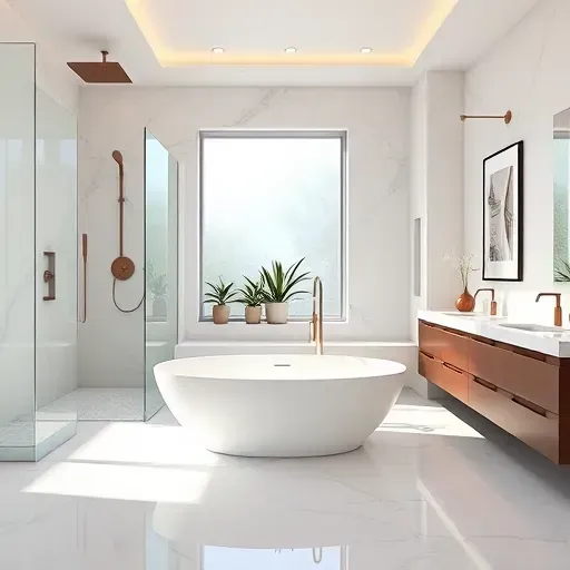 Modern West Los Angeles bathroom remodel featuring a freestanding tub, glass shower, and elegant marble tiles.