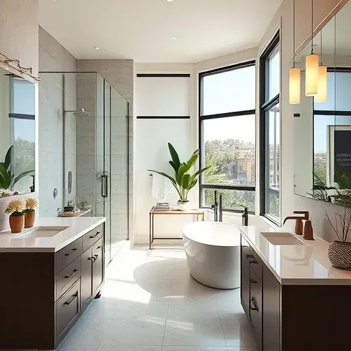 Contemporary bathroom remodel in Jefferson Park CA with walk-in shower, freestanding tub, dual vanity and ambient lighting.