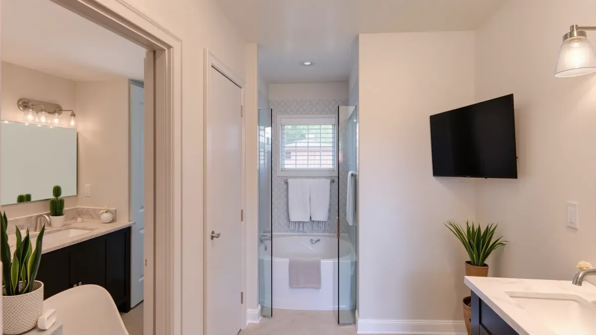 Remodeled Westchester, CA bathroom with marble tiles, chrome fixtures, freestanding tub, modern vanity, and natural light.