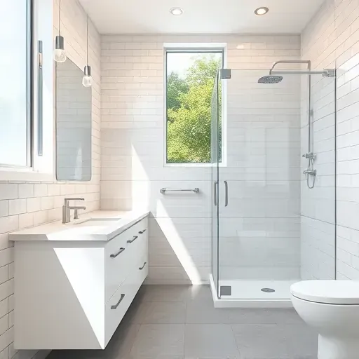 Modern remodeled small bathroom in West Los Angeles with marble vanity, chrome fixtures, subway tiles, glass shower