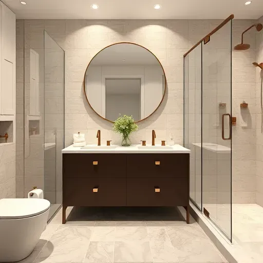 Completed bathroom remodel in Inglewood CA featuring modern double vanity, walk-in shower, and elegant tile design.